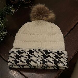 Cream and Black Knit Pom-Pom Beanie